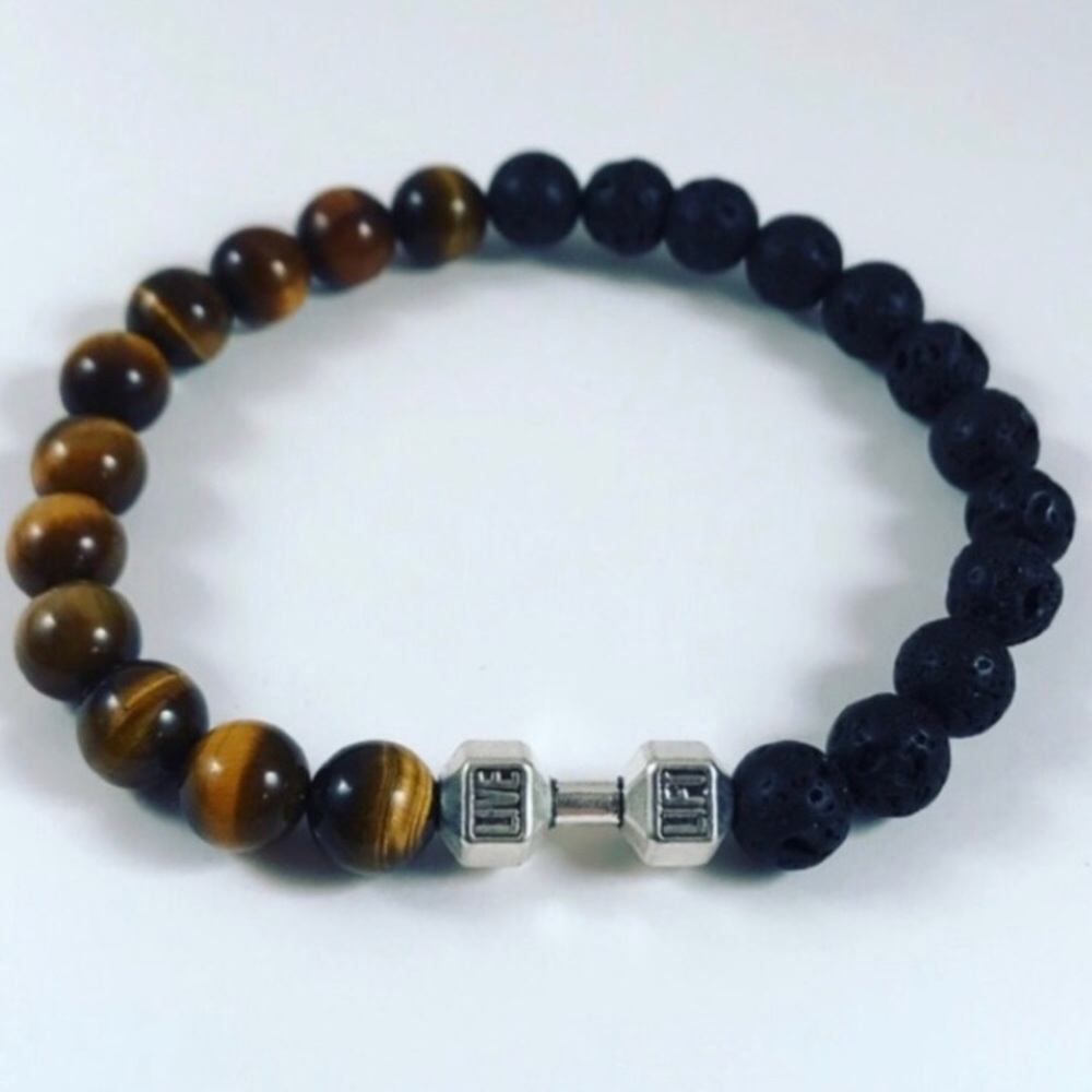 Men / women Tiger eye lava rock barbell bracelet - Picture 2 of 7
